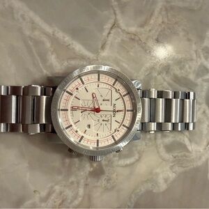 Nixon Silver Stainless Chronograph Watch with White Dial and Red Accents